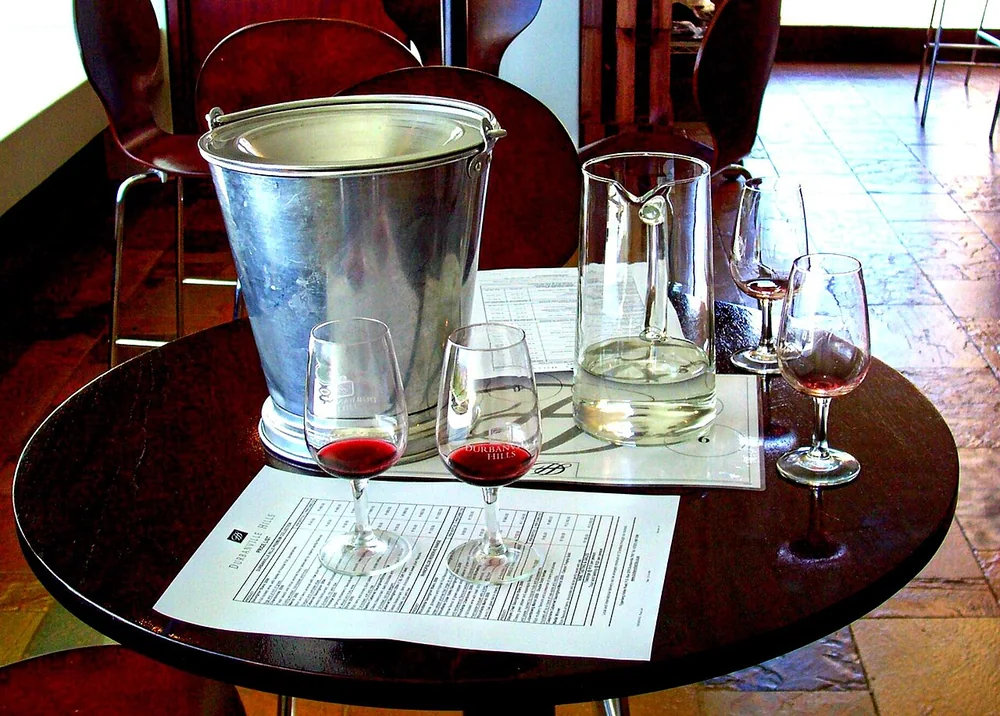 Wine glasses arranged for a tasting