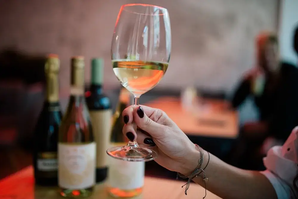 A glass of white wine in a warmly lit bar